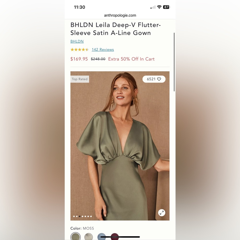 BHLDN Leila Deep-V Flutter-Sleeve Satin A-Line Gown